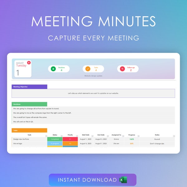 Meeting Minutes Planner | Excel Template | Action Items | Agenda | Organize | Planner Spreadsheet