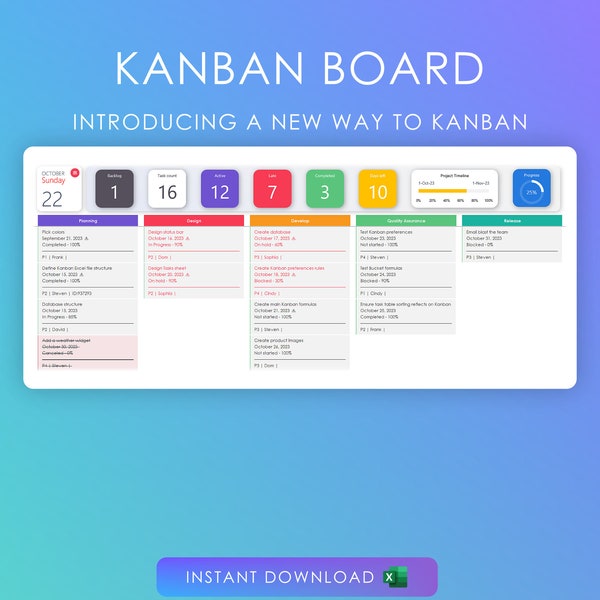 Kanban-Board für Excel | Bucket- und Statustafeln | Projektmanager | Task-Manager | Planer-Tabelle