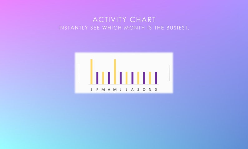 May include: A bar chart showing activity levels for each month of the year. The chart is labeled "ACTIVITY CHART" and "INSTANTLY SEE WHICH MONTH IS THE BUSIEST." The busiest month is February, followed by May. The months are labeled J, F, M, A, M, J, J, A, S, O, N, D.