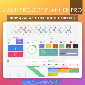 Könnte beinhalten: Ein Screenshot einer Google Sheet-Vorlage für die Projektplanung. Die Vorlage heißt "Multi Project Planner Pro" und verfügt über ein farbenfrohes Dashboard mit Diagrammen, Grafiken und Tabellen. Das Dashboard enthält Abschnitte für "Willkommen", "Projekt 1" und "Budgetbericht".