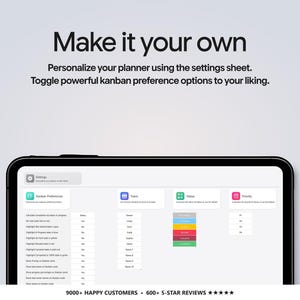 May include: A digital tablet displaying a settings interface for a kanban planner. The screen shows text reading Make it your own, Personalize your planner using the settings sheet, and Toggle powerful kanban preference options to your liking.