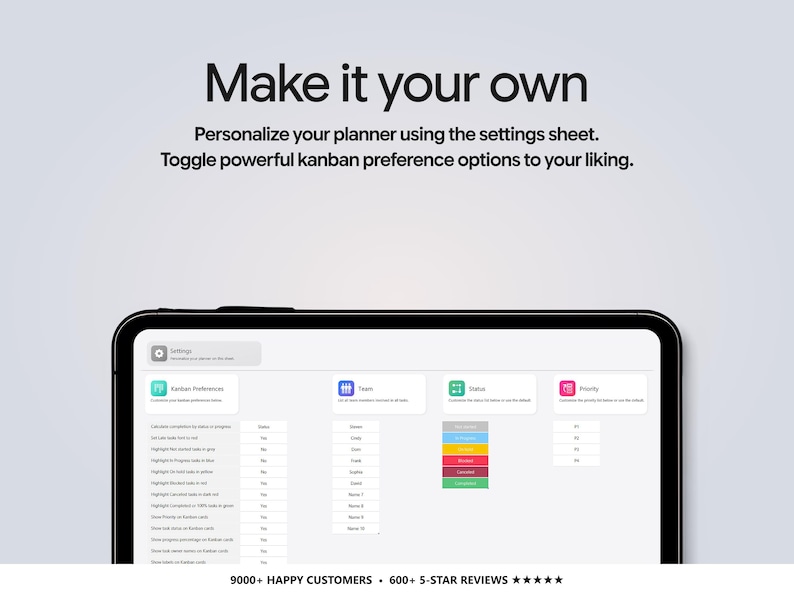 May include: A digital tablet displaying a settings interface for a kanban planner. The screen shows text reading Make it your own, Personalize your planner using the settings sheet, and Toggle powerful kanban preference options to your liking.