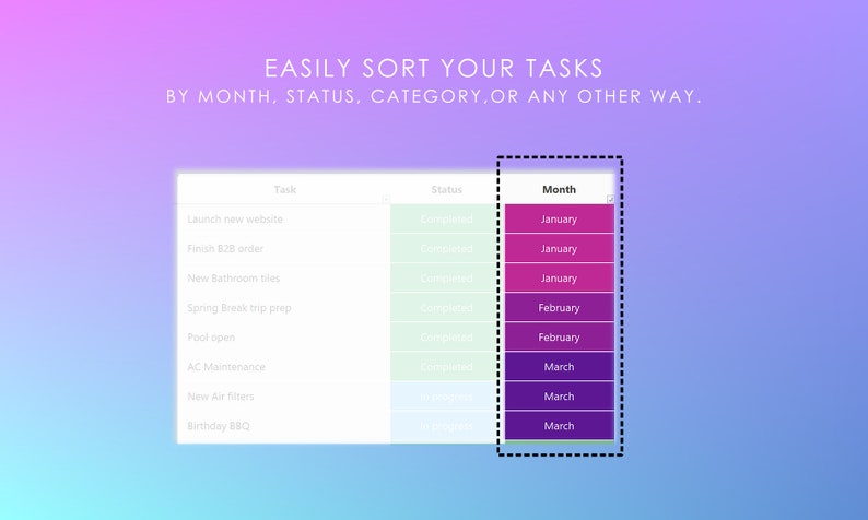 May include: A screenshot of a task management app with a list of tasks, their status, and the month they are due. The tasks include "Launch new website", "Finish 82B order", "New Bathroom tiles", "Spring Break trip prep", "Pool open", "AC Maintenance", "New Air filters", and "Birthday BBQ".