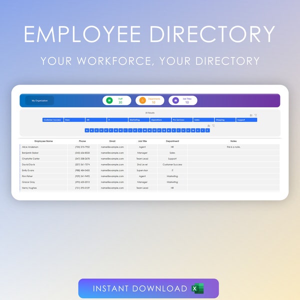 Employee Directory for Excel | Filter by department or name with just a simple click! | Phone | Email | Job Title | Automatic staff count