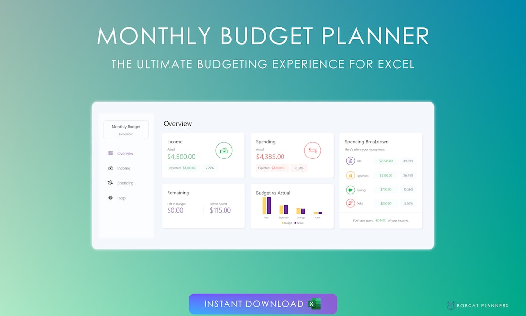 Monthly Budget Spreadsheet for Excel: Income & Expense Tracker (digital ...