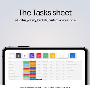 May include: A digital tablet displaying a task management spreadsheet titled The Tasks sheet. The interface features colorful status, priority, and bucket columns, along with progress bars and text fields for project tracking and team organization.