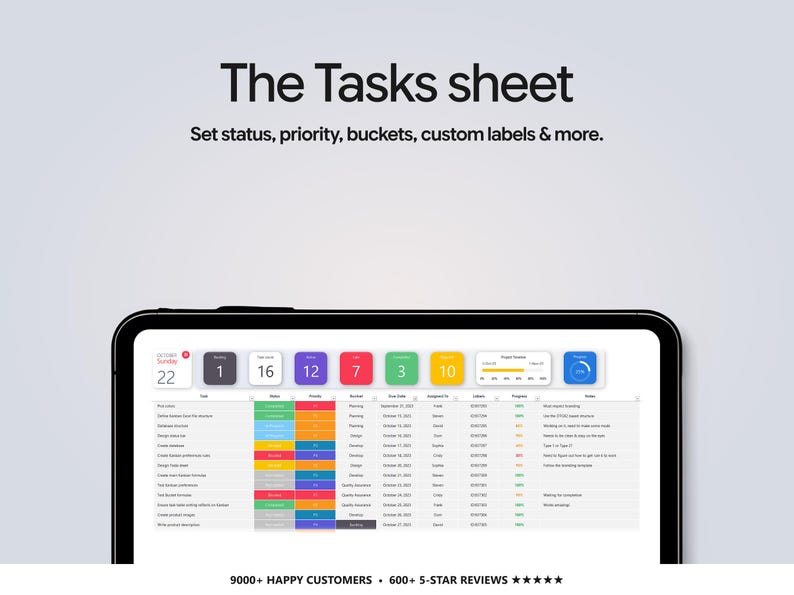 May include: A digital tablet displaying a task management spreadsheet titled The Tasks sheet. The interface features colorful status, priority, and bucket columns, along with progress bars and text fields for project tracking and team organization.