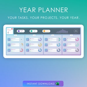 Puede incluir: Un planificador anual digital con fondo blanco y un degradado azul y morado. El planificador tiene un calendario, una lista de tareas y una barra de progreso. El texto "YEAR PLANNER" está en la parte superior de la imagen. El texto "YOUR TASKS. YOUR PROJECTS. YOUR YEAR." está debajo del título. El texto "INSTANT DOWNLOAD X" está en la parte inferior de la imagen.