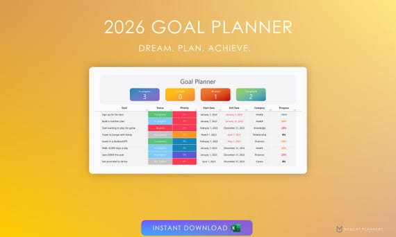 2026 Goal Planner spreadsheet | Tracker | Resolutions | Prioritize | Organize | Status | Goals | To Do
