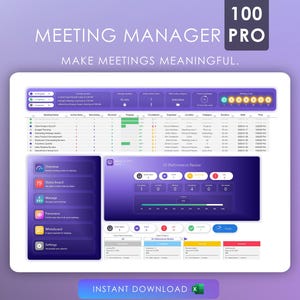 May include: A screenshot of a computer screen showing a software program called "Meeting Manager Pro". The program has a purple background and features a dashboard with various data points, including a progress bar, a calendar, and a list of meetings. The text "Make meetings meaningful." is displayed at the top of the screen.