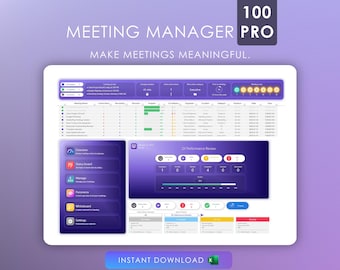 May include: A screenshot of a computer screen displaying a software program called "Meeting Manager Pro". The program has a purple background and features a dashboard with various data points, including a progress bar, a calendar, and a list of meetings. The text "Make meetings meaningful." is displayed at the top of the screen.