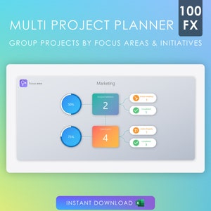Multi Project Planner 100FX Management Dashboard | Excel Template | Task Manager | Project Manager | Organize | Planner Spreadsheet