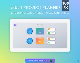 Panel de gestión de proyectos múltiples Planificador 100FX / Plantilla de Excel / Administrador de tareas / Administrador de proyectos / Organizar / Hoja de cálculo del planificador