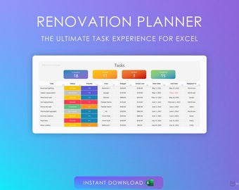 Home Renovation budget spreadsheet organizer Task Tracker Project Planner for excel | Project Manager | Budget | Prioritize | Remodel | DIY