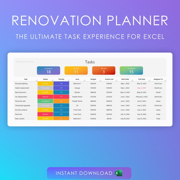 Home Renovation budget spreadsheet organizer Task Tracker Project Planner for excel | Project Manager | Budget | Prioritize | Remodel | DIY