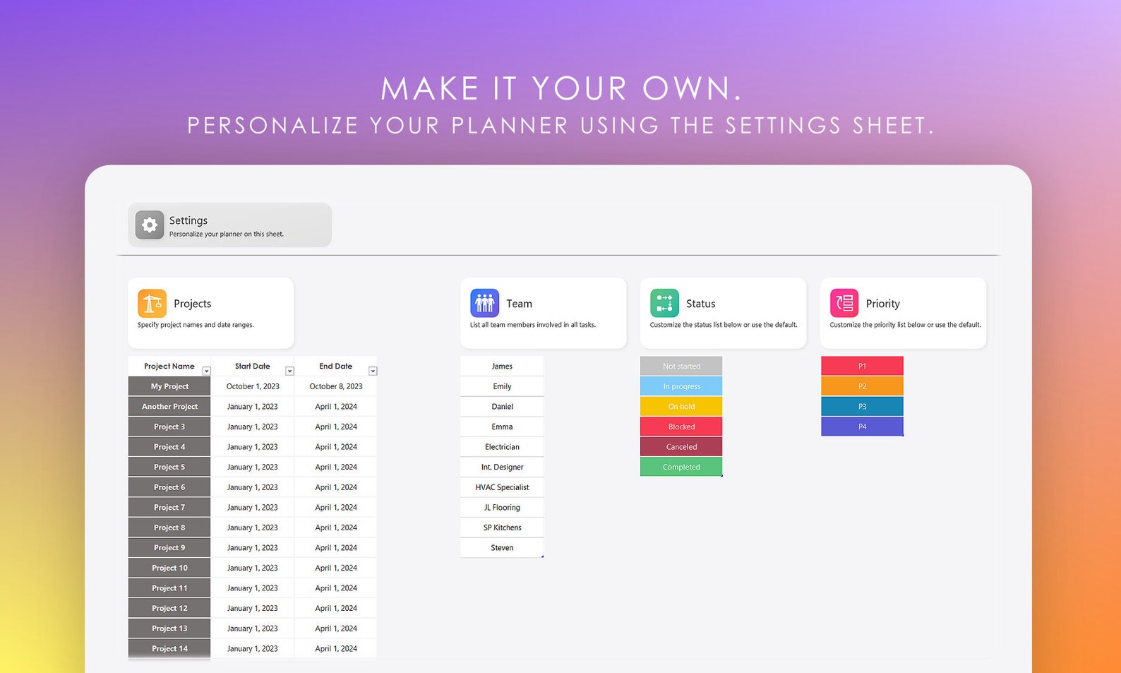 Multi Project Planner 100 Management Dashboard | Excel Template | Task ...
