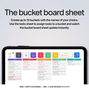 May include: A digital tablet screen displays a task management interface titled The bucket board sheet. The screen shows colorful columns for organizing tasks, project progress bars, and a calendar view with text detailing task assignments.