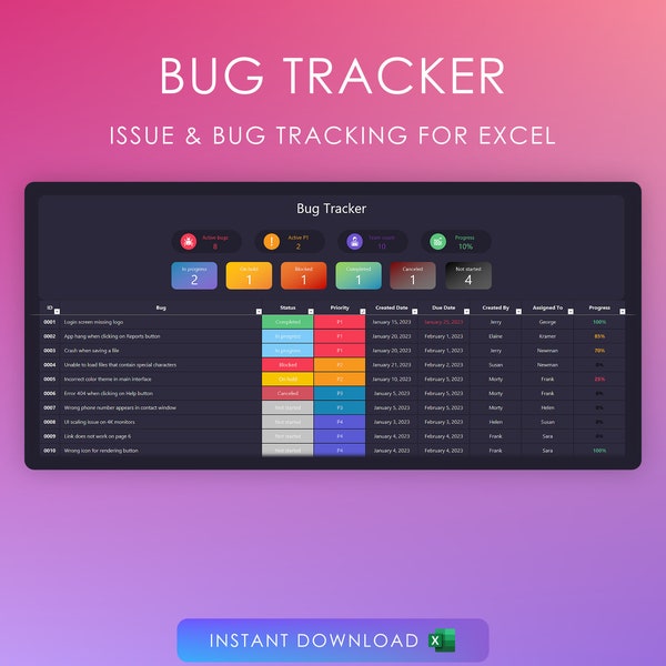 Bug Tracker spreadsheet - Excel template for Issue tracking - Project Management - Quality Assurance - Software Development