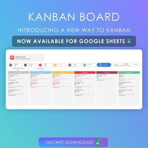 May include: A screenshot of a Google Sheets template for a Kanban board. The template has columns for "To Do", "In Progress", "Review", "Done", and "Completed". The template is designed to help users manage projects and tasks.