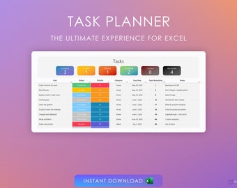 May include: A digital task planner template for Excel, featuring a clean, organized layout with color-coded task statuses and due dates. The design includes the text "TASK PLANNER" and "THE ULTIMATE EXPERIENCE FOR EXCEL".