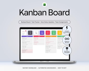 Kanban Board Excel Template | Project Management Spreadsheet | Task & Assignment Tracker | Project Tracker for Excel Planner