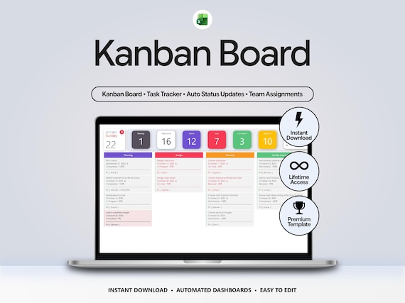 Kanban Board Excel Template | Project Management Spreadsheet | Task & Assignment Tracker | Project Tracker for Excel Planner