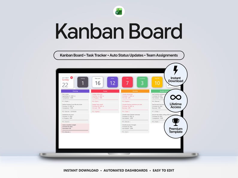 May include: A digital Kanban Board template displayed on a laptop screen, featuring task tracking, status updates, and team assignments. The interface includes colorful date cards, project columns, and circular icons for instant download and lifetime access.