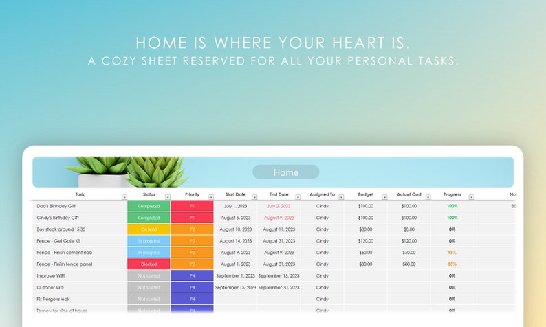 A sheet reserved for logging Tasks related to Home life.