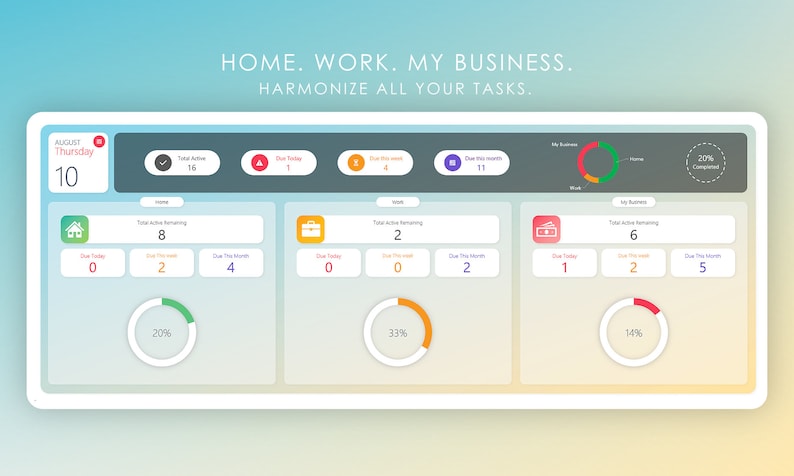 A modern, easy to read dashboard showing information about task statistics.
