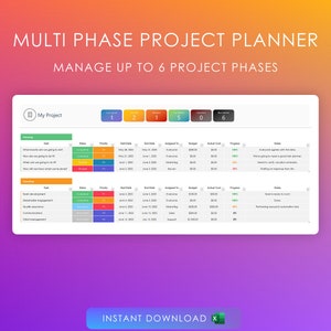 Multi Phase Project Planner Management Dashboard | Excel Template | Task Manager | Project Manager | Organize | Planner Spreadsheet