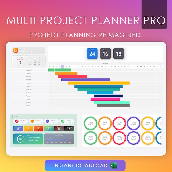 Dashboard di gestione Pro Multi Project Planner / Timeline Gantt di Excel e scheda Kanban / Task Manager / Project Manager / Foglio di calcolo del pianificatore