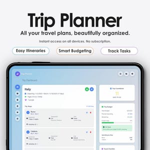 Può includere: Un tablet mostra l'interfaccia dell'app "Trip Planner". L'app offre strumenti di pianificazione del viaggio, tra cui itinerari facili, budget intelligenti e monitoraggio delle attività. Mostra un dashboard di viaggio per l'Italia.