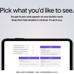 May include: A tablet screen displaying a project management interface with kanban cards. The text reads: Pick what you'd like to see. You get to pick what appears on your kanban cards. Keep them fully detailed or minimal - it's up to you. Below are settings and card examples.
