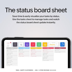 May include: A digital tablet displaying a task management interface titled The status board sheet. The screen shows colorful status boxes, a calendar date of October 22, and a list of tasks organized by status columns with progress bars and charts.