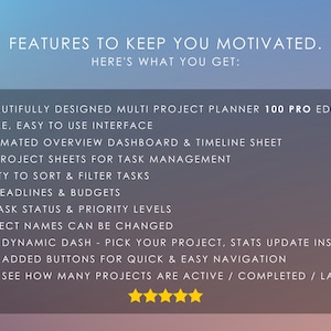 May include: A screenshot of a website promoting a project planner. The text on the screen reads "Features to keep you motivated. Here's what you get: 1 Beautifully designed multi project planner 100 pro edition. Simple, easy to use interface. Automated overview dashboard & timeline sheet. 100 project sheets for task management. Ability to sort & filter tasks. Set deadlines & budgets. Set task status & priority levels. Project names can be changed. New: Dynamic dash - pick your project, stats update instantly. New: Added buttons for quick & easy navigation. New: See how many projects are active / completed / late."