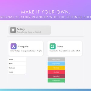May include: A screenshot of a computer screen showing a planner settings page. The page has a light gray background and features a settings icon, a categories section, and a status section. The categories section lists Home, Work, Business, and Family. The status section lists Not started, In progress, On hold, Blocked, Canceled, and Completed.