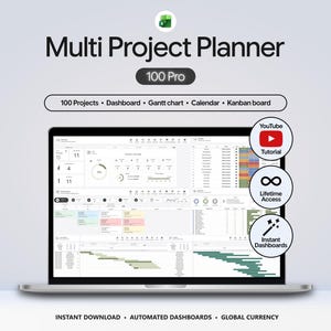 Könnte beinhalten: Ein Laptop-Bildschirm zeigt eine Multi Project Planner 100 Pro Excel-Vorlage. Die Benutzeroberfläche umfasst ein Dashboard, ein Gantt-Diagramm, einen Kalender und ein Kanban-Board. Runde Symbole heben die Funktionen für Tutorial, Zugriff und Dashboards hervor.