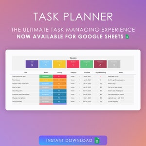 May include: A screenshot of a Google Sheet template for task planning. The sheet is titled "Tasks" and has columns for "Task", "Status", "Priority", "Category", "Due Date", "Days Remaining", and "Notes". The sheet is color-coded to indicate the status of each task.