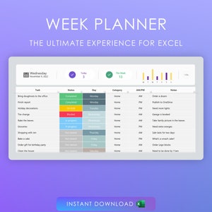 Pode incluir: Um modelo de planejador semanal para Excel, com um esquema de cores verde, amarelo, vermelho e azul. O modelo inclui uma lista de tarefas, status, dia, categoria, AM/PM e colunas de notas. A imagem também inclui uma barra de progresso que mostra o número de tarefas concluídas.