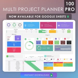 Puede incluir: Interfaz digital de un planificador de proyectos en una tableta, con un diseño limpio y colorido y elementos de visualización de datos. La interfaz incluye gráficos, barras de progreso y cronogramas de proyectos. El texto en la pantalla dice "MULTI PROJECT PLANNER PRO" y "NOW AVAILABLE FOR GOOGLE SHEETS."