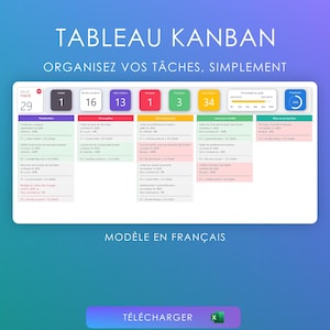 以下が含まれることがあります： 「TABLEAU KANBAN」と「ORGANISEZ VOS TÂCHES, SIMPLEMENT」のテキストが入った、色分けされたセクションのある白いカンバンボード。ボードには番号付きのセクションと進捗インジケーターが含まれています。画像の下部には「MODÈLE EN FRANÇAIS」と書かれています。