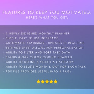 May include: A screenshot of a digital planner with a list of features, including a newly designed monthly planner, simple and easy to use interface, automated status bar, settings sheet, ability to filter and sort task data, status and day color coding, ability to define and select a category, ability to select month and day for each task, and a PDF file with useful information and FAQs. The image also includes a five-star rating.