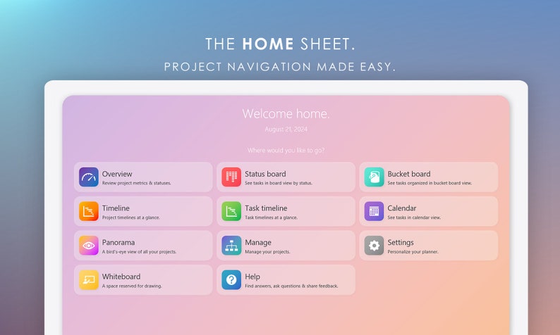 May include: A screenshot of a computer screen showing a project management dashboard with a pink and blue gradient background. The dashboard has a welcome message and a list of project management tools, including Overview, Timeline, Panorama, Whiteboard, Status Board, Task Timeline, Bucket Board, Calendar, Manage, Help, and Settings.