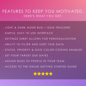 May include: A list of features for a bug and issue tracker software. The features include light and dark mode, a simple interface, settings for personalization, filtering and sorting task data, color coding for status, priority, and date, setting due dates, assigning bugs to team members, and access to an online getting started guide.