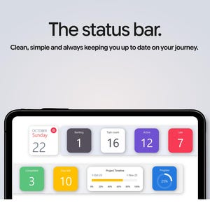 May include: A digital tablet screen displaying a status bar interface with colorful square widgets. Text reads: The status bar. Clean, simple and always keeping you up to date on your journey. Widgets show dates, task counts, and project progress bars.