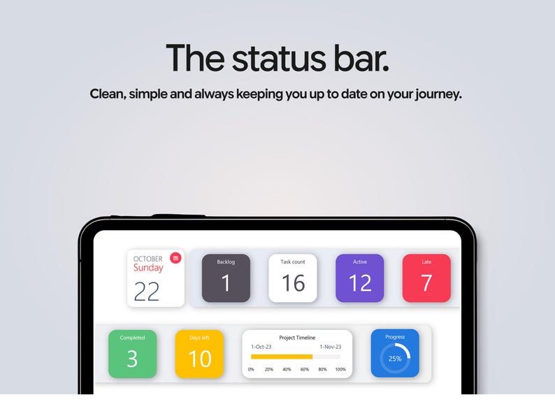 May include: A digital tablet screen displaying a status bar interface with colorful square widgets. Text reads: The status bar. Clean, simple and always keeping you up to date on your journey. Widgets show dates, task counts, and project progress bars.