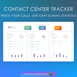 Contact Center Tracker Spreadsheet Excel Template - Track your Call Center, Live Chat & Email statistics - Managers - Team Leads - Seniors