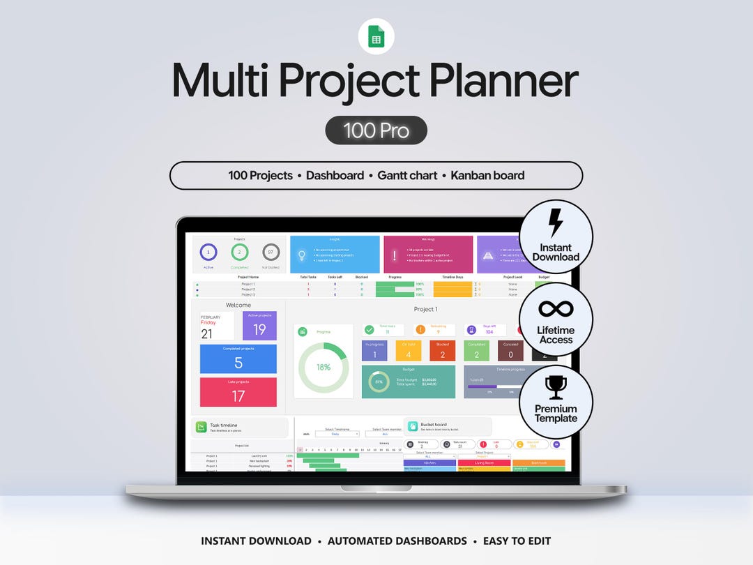 Multi Project Planner 100 Pro | Google Sheets Project Management ...