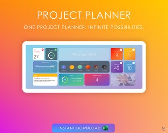 May include: A screenshot of a project planner app with a blue, gray, and white interface. The app has a calendar, progress bar, and several other widgets. The text "PROJECT PLANNER" and "ONE PROJECT PLANNER. INFINITE POSSIBILITIES." is displayed at the top of the image. The text "INSTANT DOWNLOAD X" is displayed at the bottom of the image.