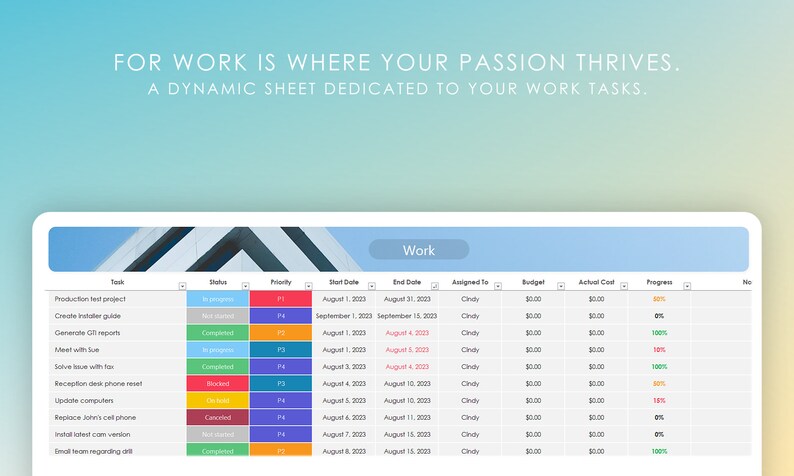 A sheet reserved for logging Tasks related to Work life.